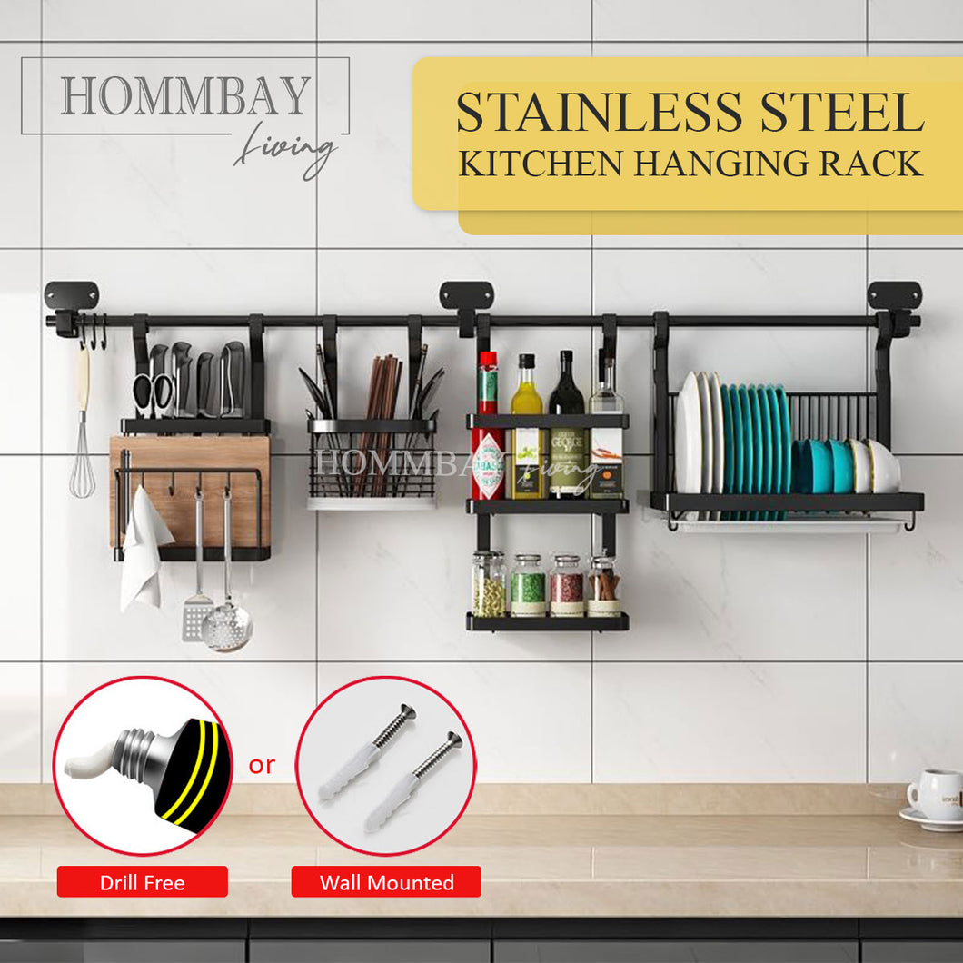 [ HOMMBAY Kitchens ] Stainless Steel Kitchen Shelf / Full Set Hanging Rack in Black