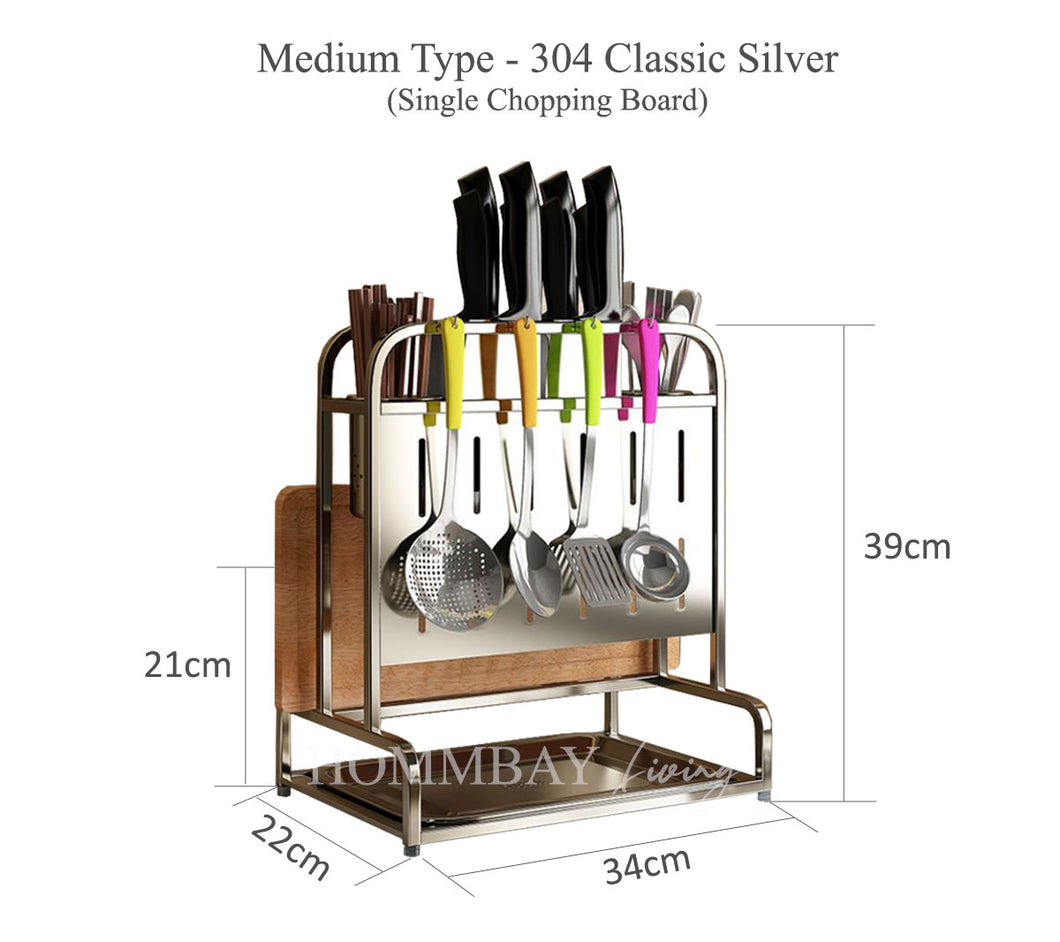 [HOMMBAY Kitchens] Premium 304 Stainless Steel Kitchen Rack / Cutlery & Cooking Knife Holder with Chopping Board Rack